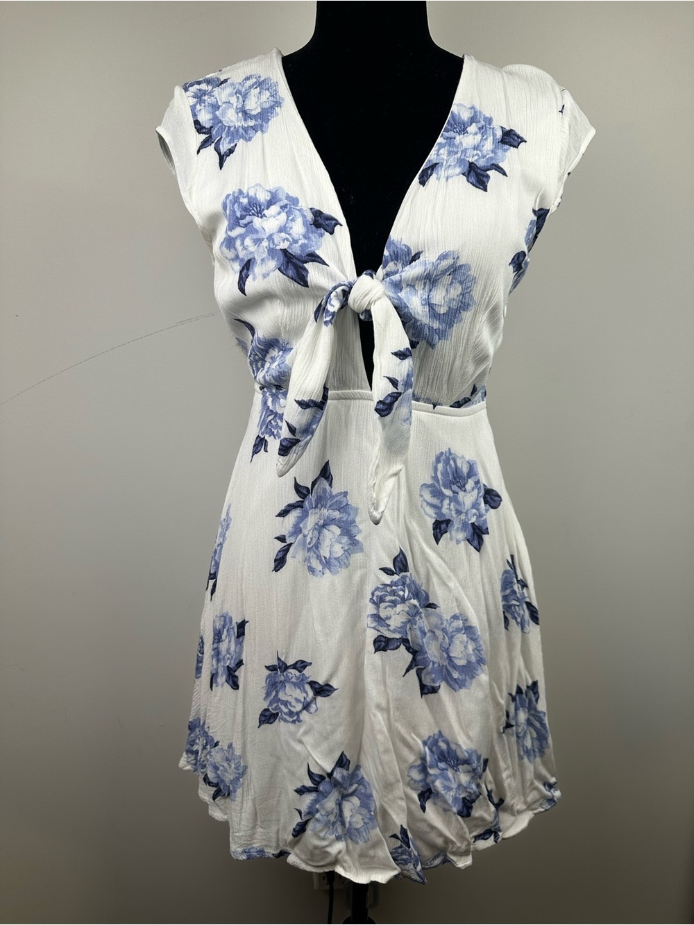 White Tie-Front Floral Mini Dress in Blue